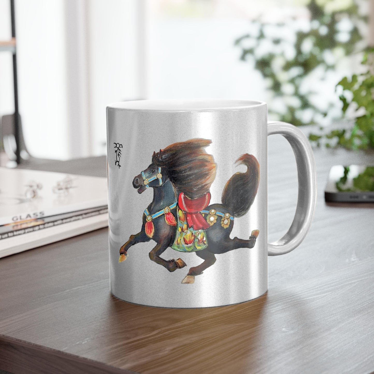 Galloping Chinese Horse Lunar New Year 2026 Metallic Mug | Silver Gold shimmer ceramic cup