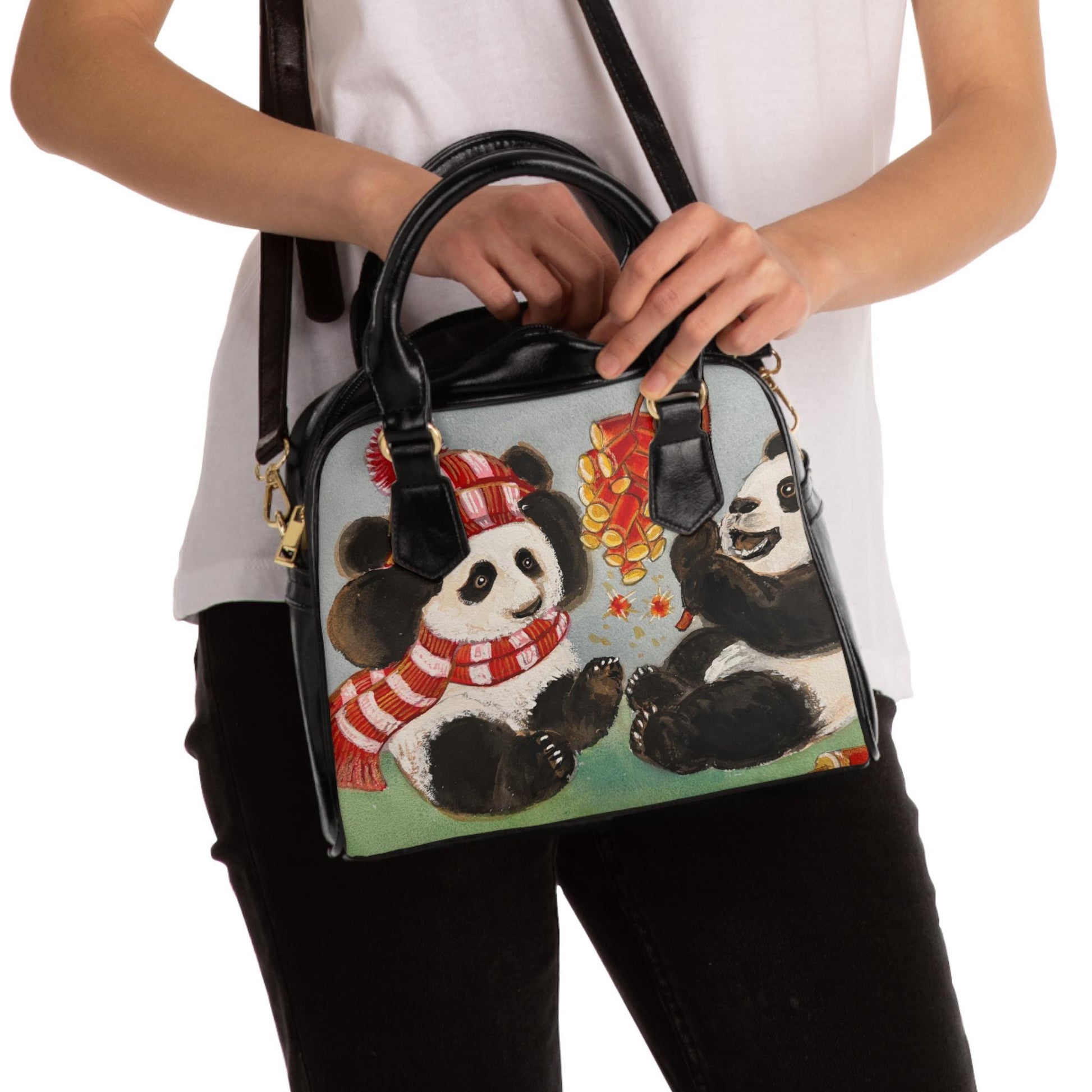 Panda Cubs Playing Shoulder Handbag | Cute Panda Illustration Purse