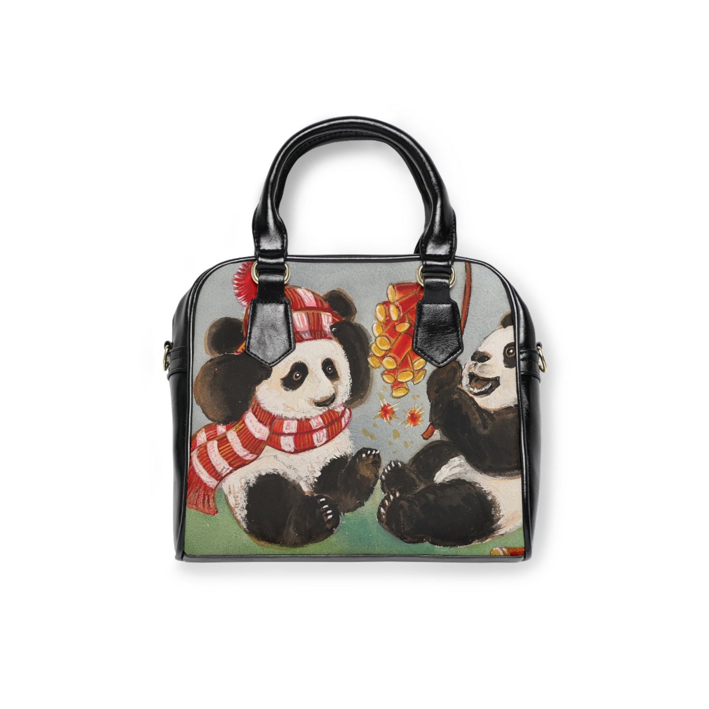Panda Cubs Playing Shoulder Handbag | Cute Panda Illustration Purse