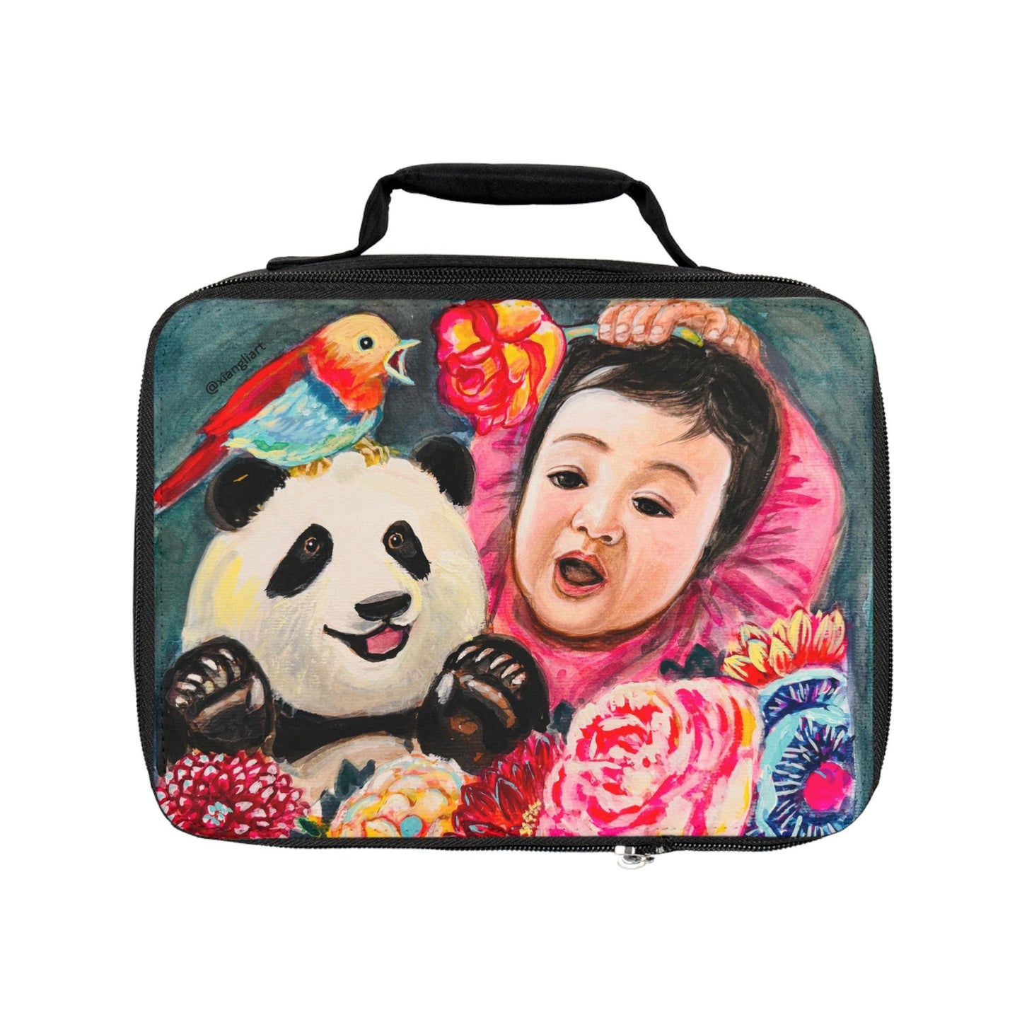 Panda and Baby with Bird Lunch Bag | Floral Pop Art