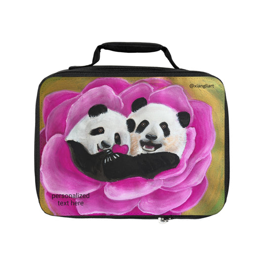 Panda Hug Flower Lunch Bag | Cute Panda Twins in Pink Bloom