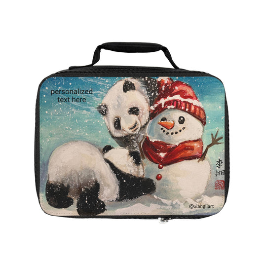 Pandas Hugging Snowman Lunch Bag | Winter Holiday Cute Animal Scene