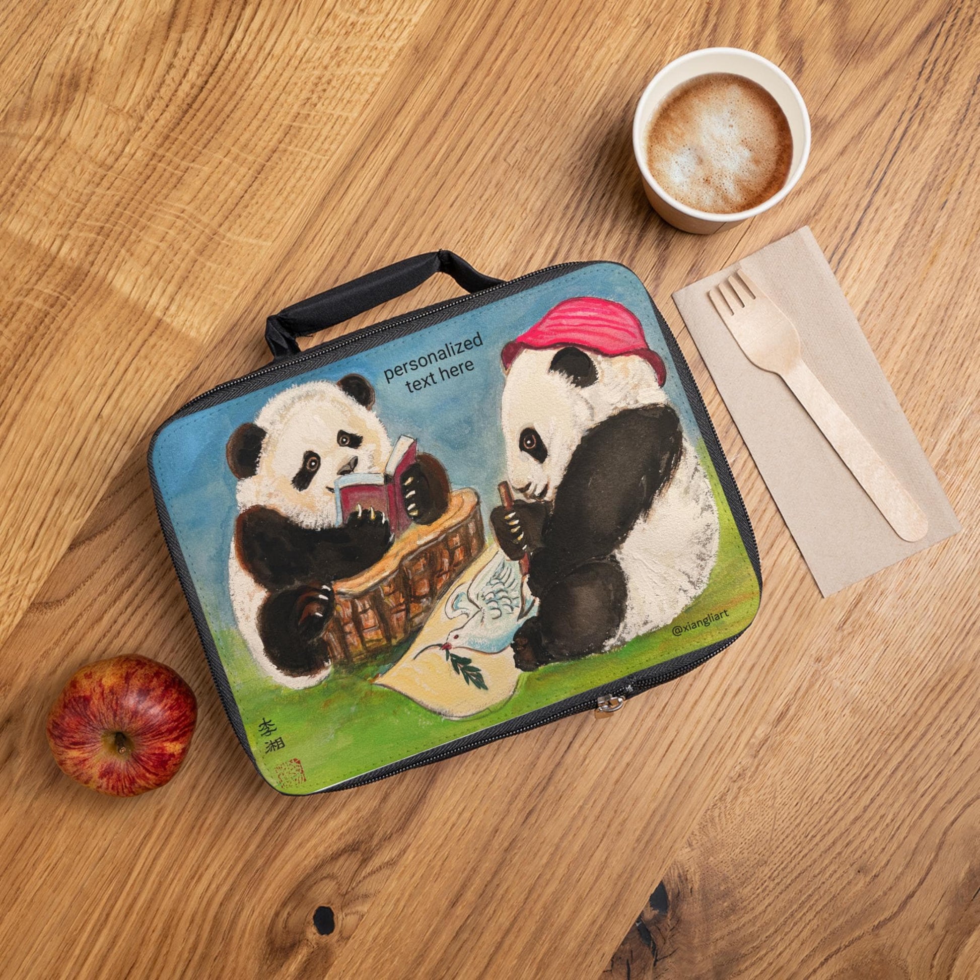 Panda Reading Picnic Lunch Bag | Personalized Text Option