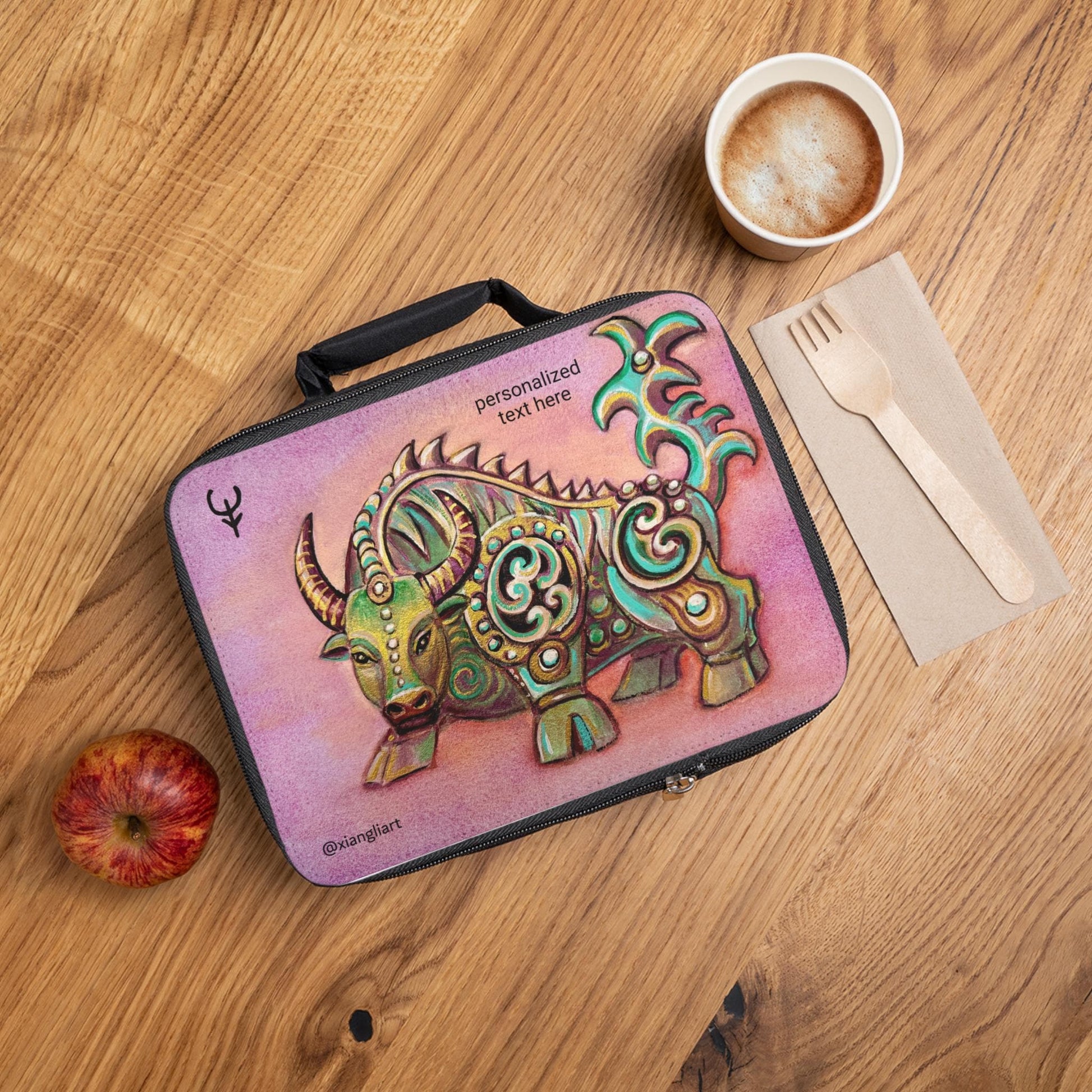Ornate Celestial Ox Lunch Bag | Zodiac Buffalo Illustration, Personalized Option