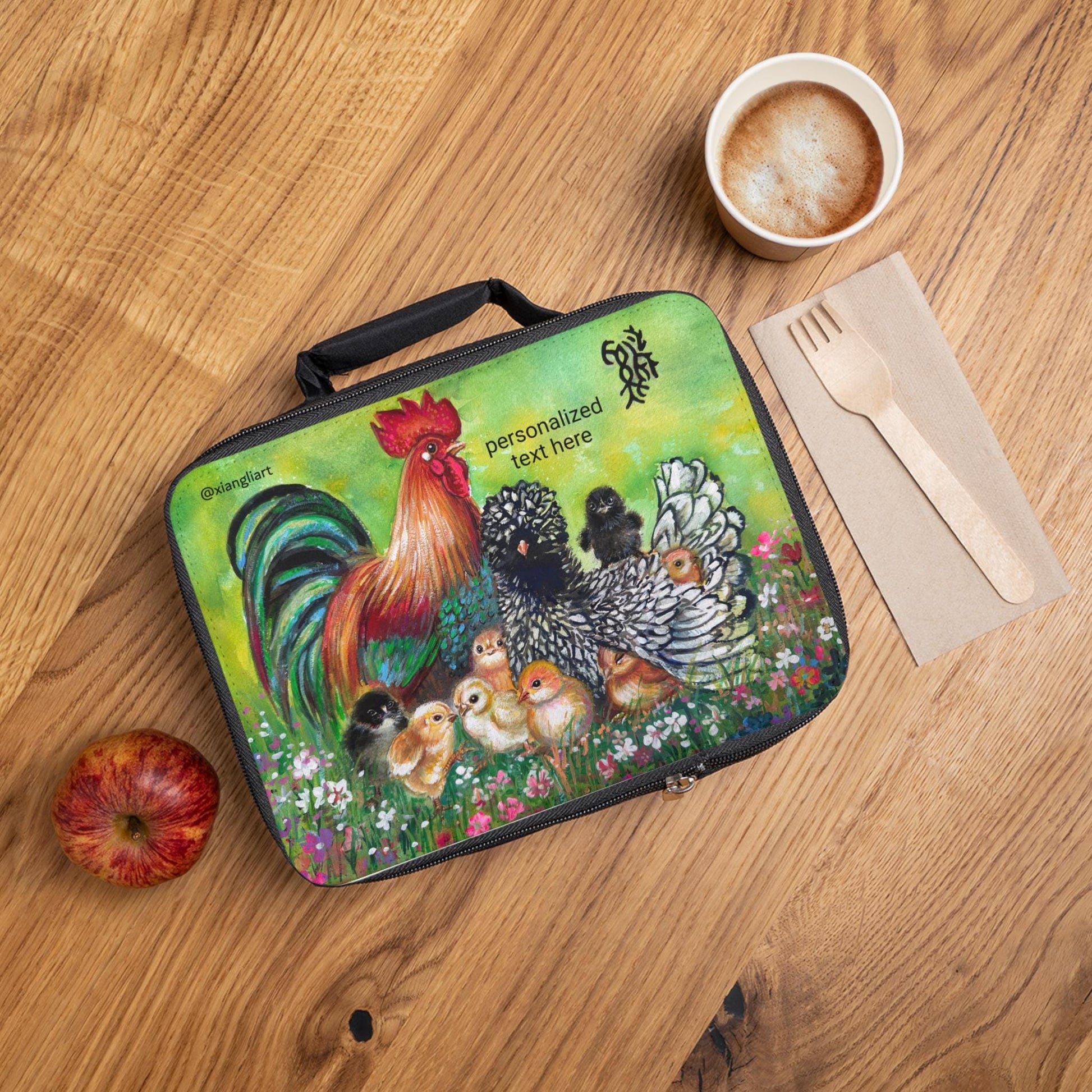 Rooster and Chicks Lunch Bag | Farmyard Chicken Print, Personalized Option