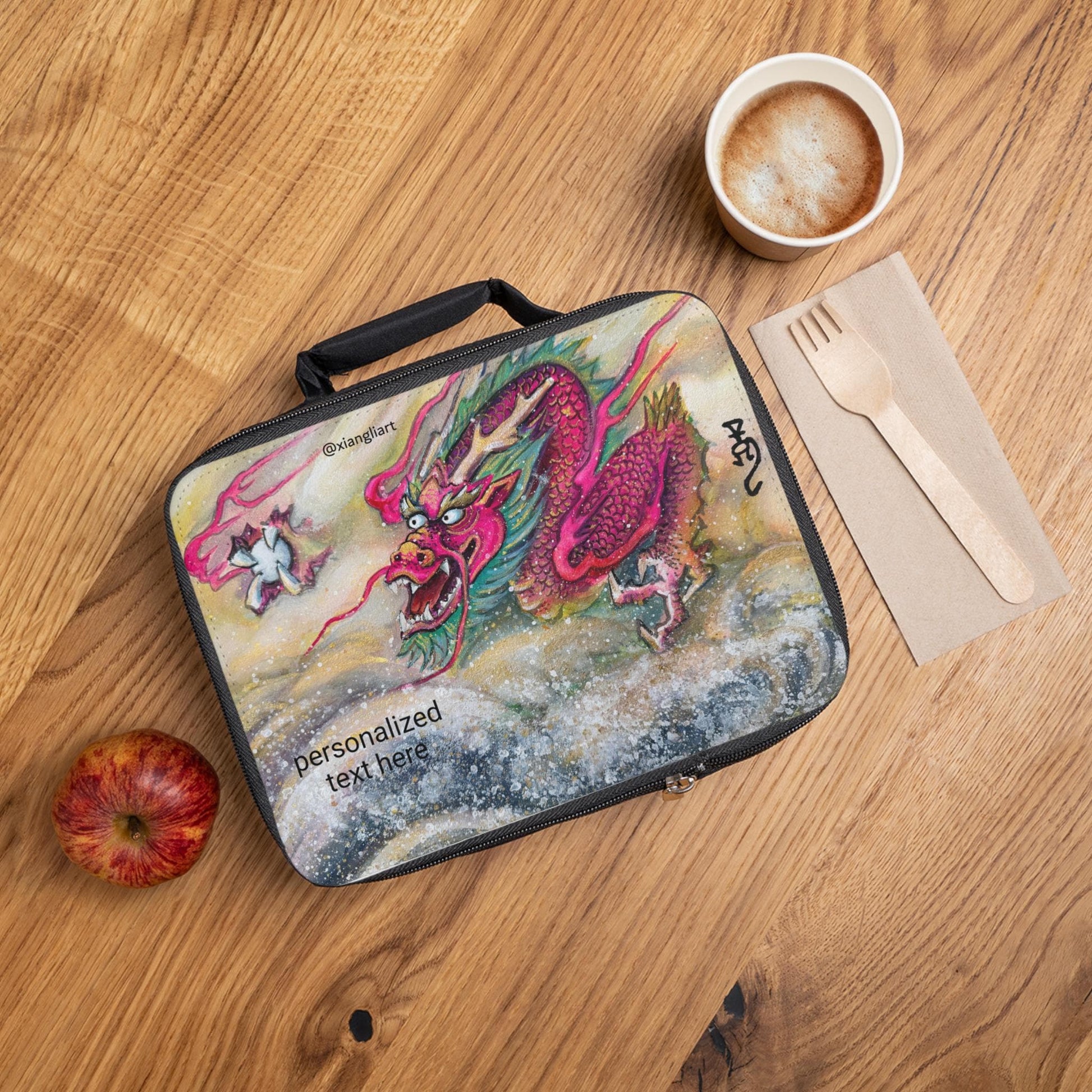 Pink Chinese Dragon Lunch Bag | Personalized Text Option, Mythical Asian Art