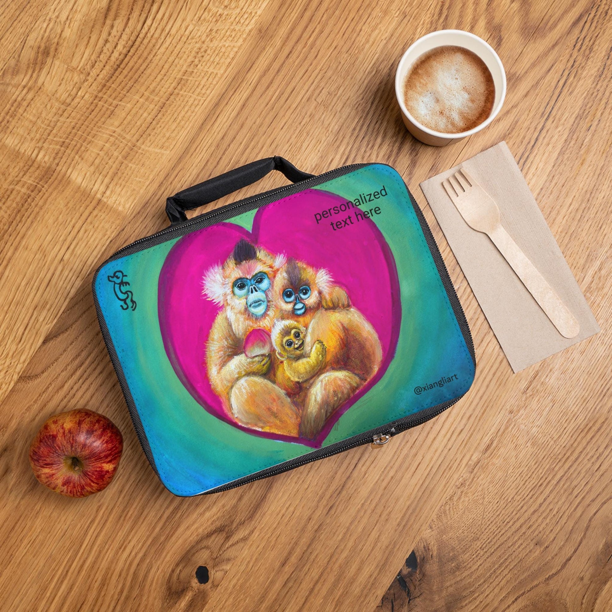 Golden Monkey Family Heart Lunch Bag | Personalized Name Option