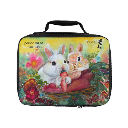 Cute Bunny Couple Lunch Bag | Year of the Rabbit Chinese Lunar New Year | Floral Rabbit Illustration, Personalized Option