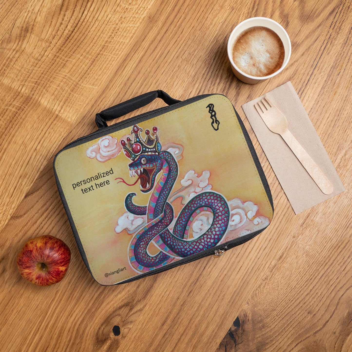 Crowned Snake Illustration Lunch Bag | Personalized Retro Serpent Design