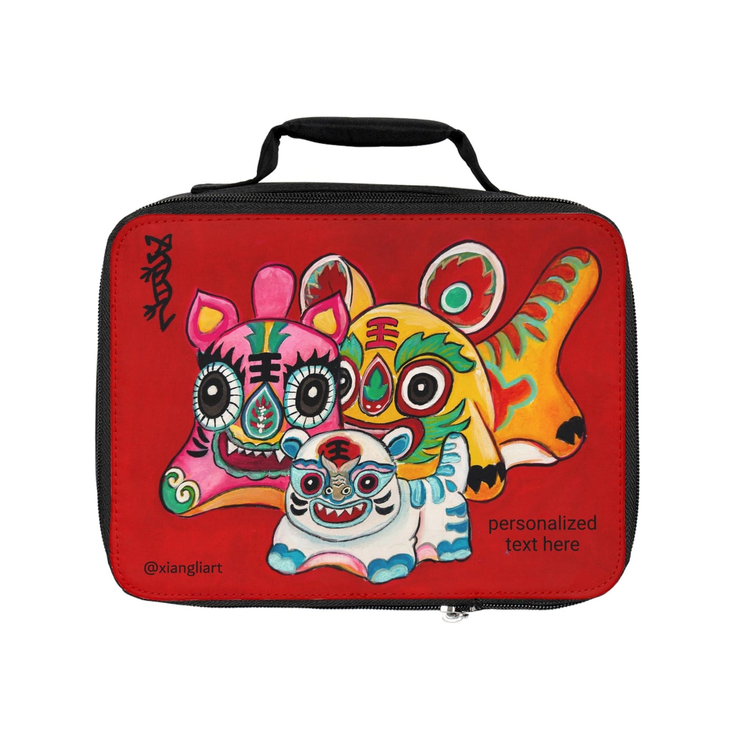 Colorful Chinese Lion Dance Trio Lunch Bag | Red Neon Folk Art