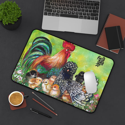 Rooster Hen and Chicks Desk Mat | Farmhouse Chicken Illustration