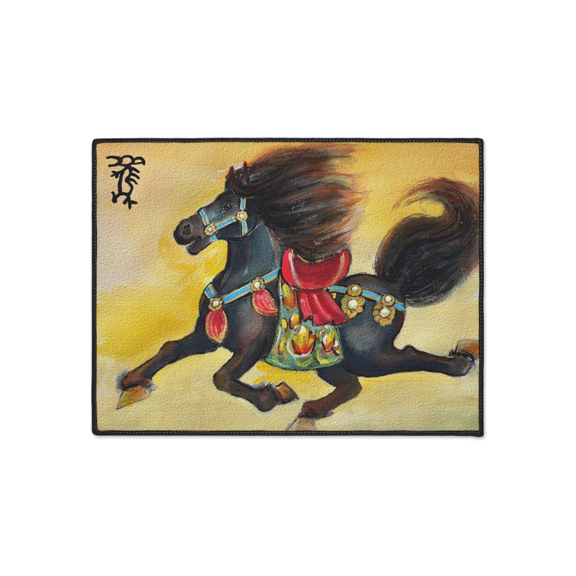 Running Black Horse floor mat | oriental pony painting, decorative doormat