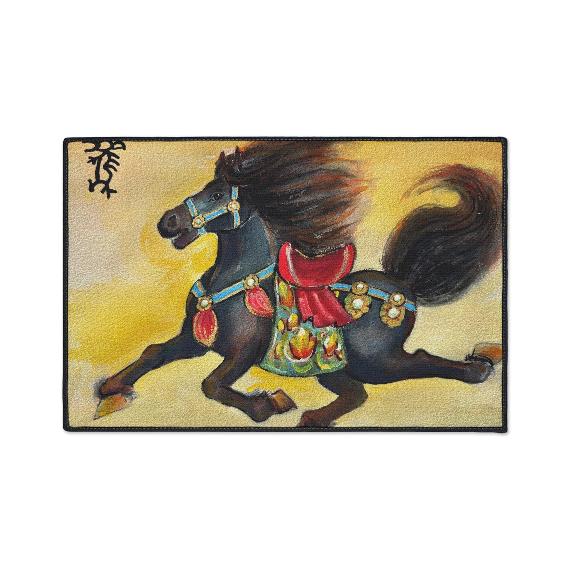 Running Black Horse floor mat | oriental pony painting, decorative doormat