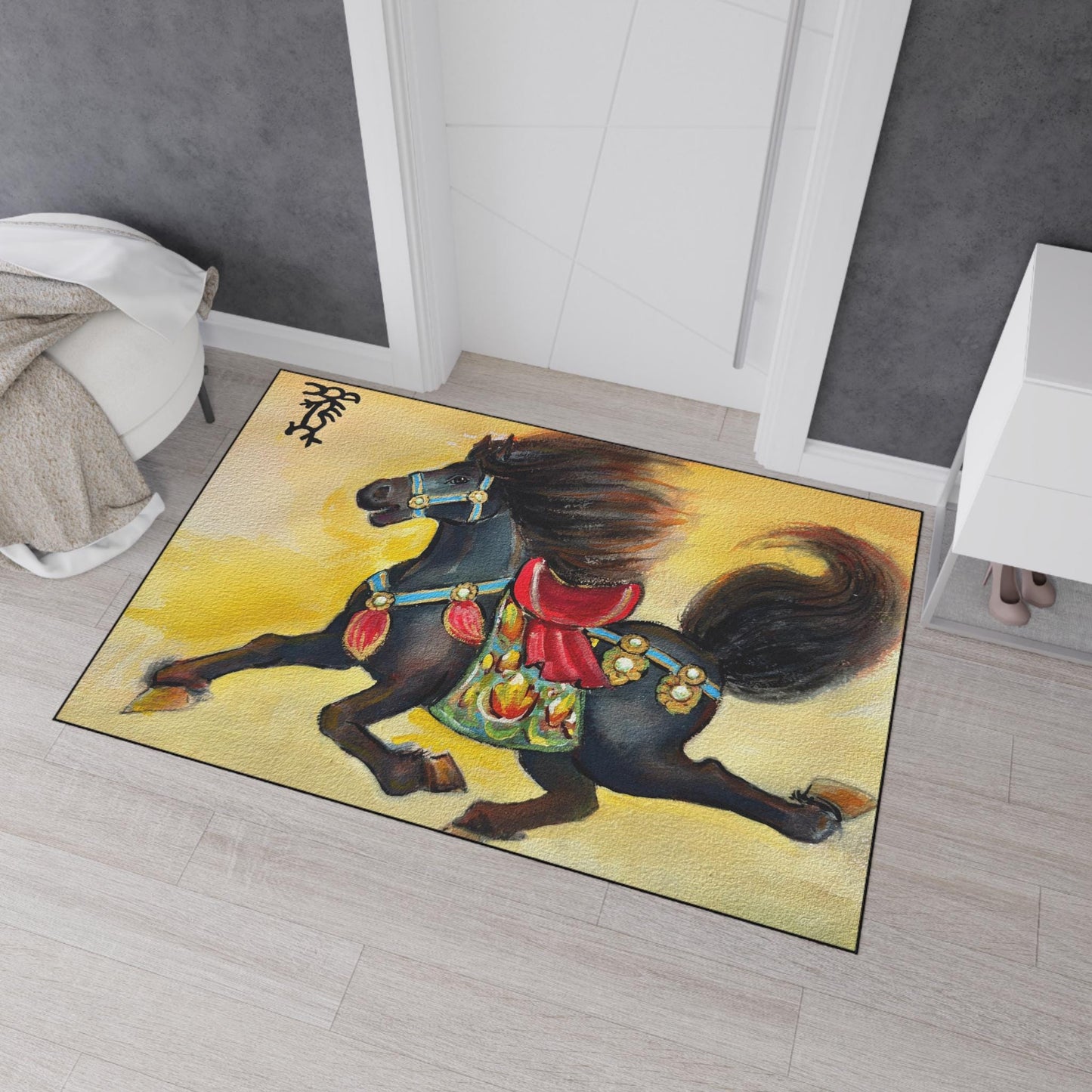 Running Black Horse floor mat | oriental pony painting, decorative doormat