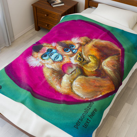 Heart Monkey Family Velveteen Plush Blanket | Colorful Mama and Baby Illustration
