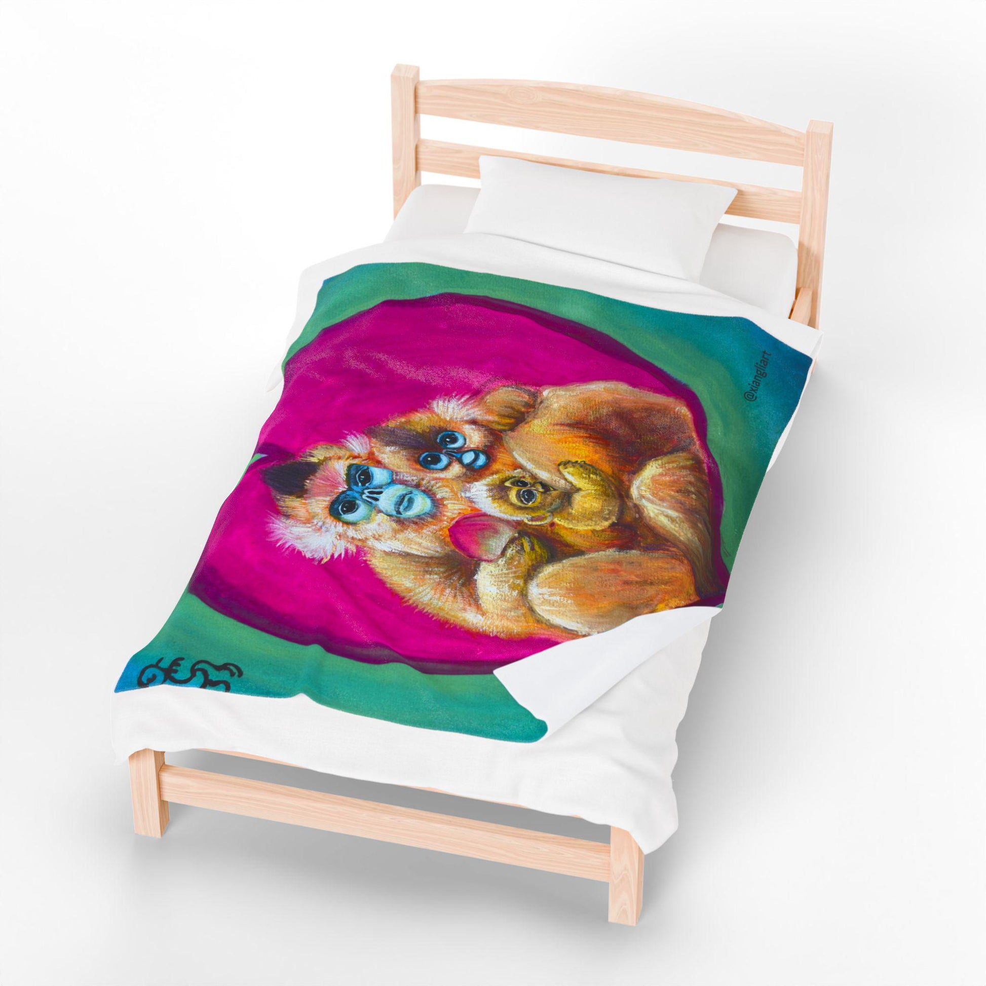 Heart Monkey Family Velveteen Plush Blanket | Colorful Mama and Baby Illustration