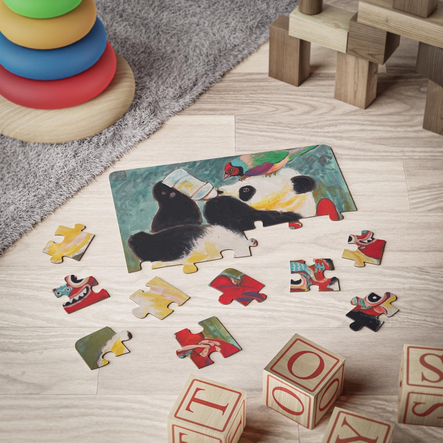 Baby Panda and Paper Tiger Pillow Illustration Kids Puzzle, Holiday Activity Puzzle