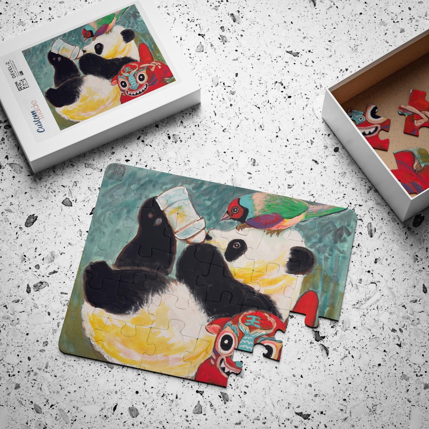 Baby Panda and Paper Tiger Pillow Illustration Kids Puzzle, Holiday Activity Puzzle