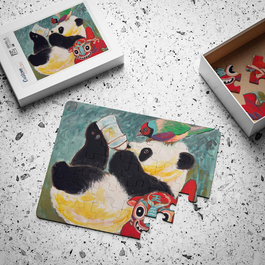 Baby Panda and Paper Tiger Pillow Illustration Kids Puzzle, Holiday Activity Puzzle