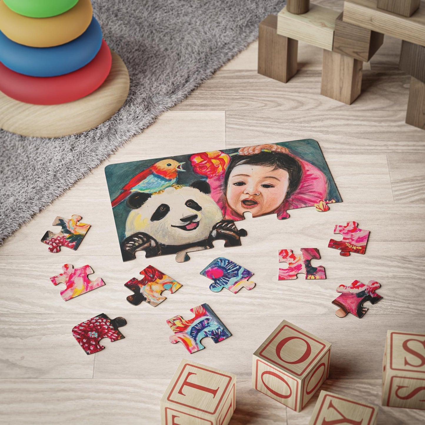 Baby and Panda Illustration Kids Puzzle, 30-Piece | Colorful Floral Art