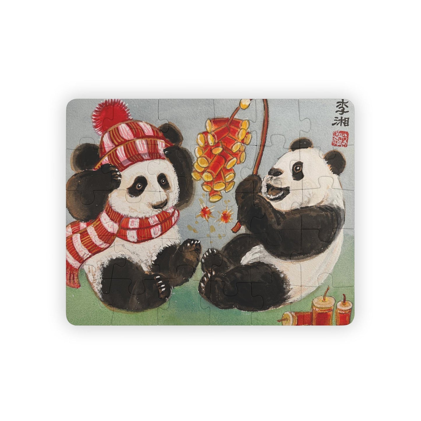 Panda Bears in Winter Gear Eating Berries, Kids' Puzzle, 30-Piece, Watercolor art collectible jigsaw puzzle