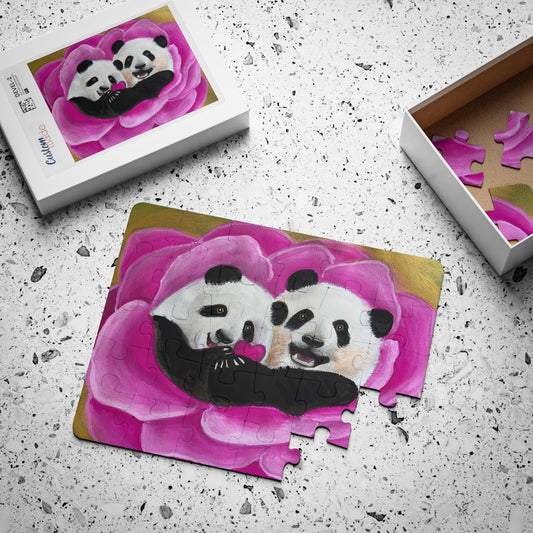 Panda Cubs in Pink Flower Puzzle | 30 piece kids puzzle | Watercolor art collectible jigsaw