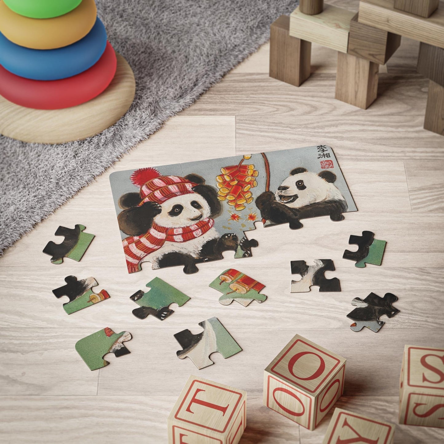 Panda Bears in Winter Gear Eating Berries, Kids' Puzzle, 30-Piece, Watercolor art collectible jigsaw puzzle