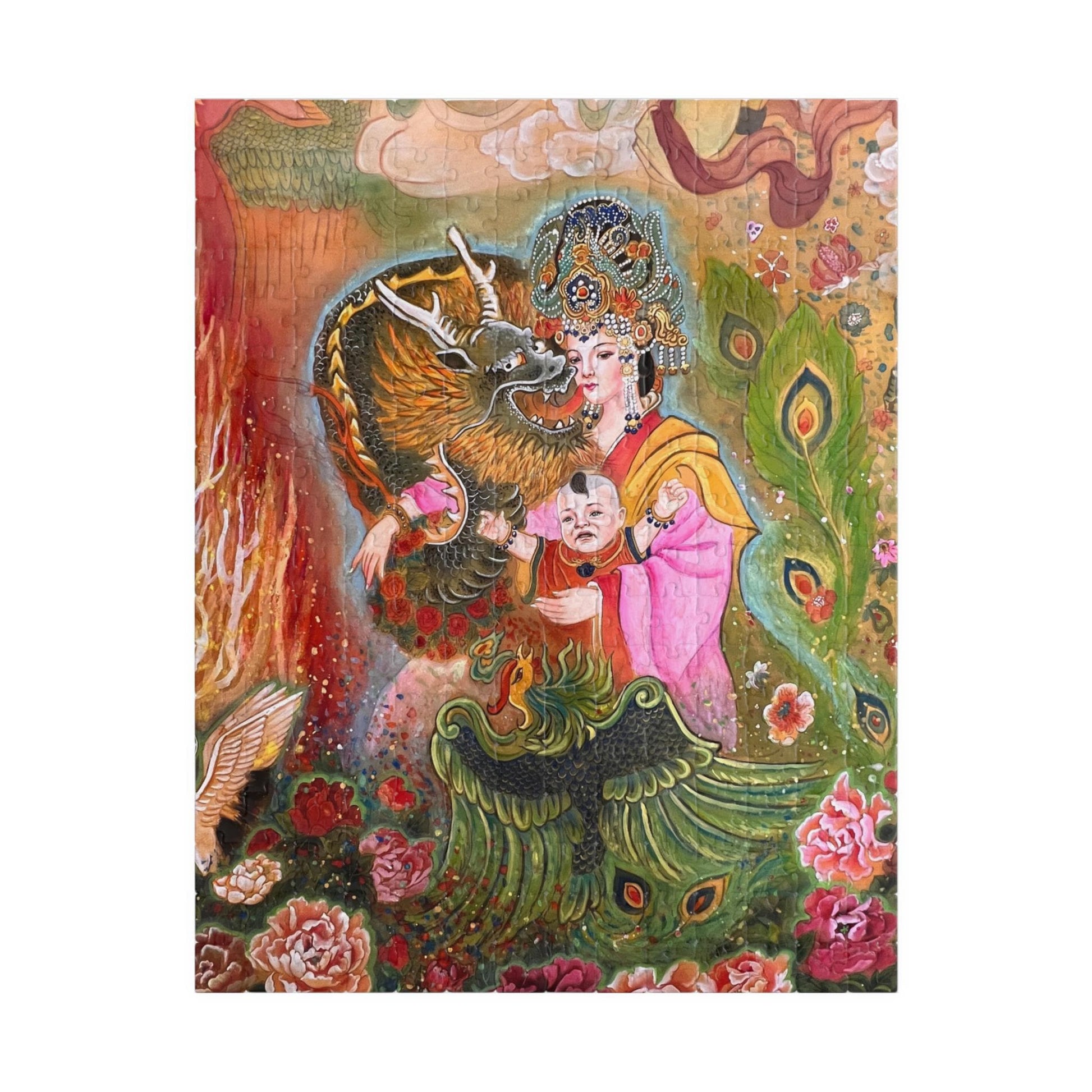 Asian Mythical Dragon Goddess Puzzle 520-Piece | Temple Art Jigsaw | Chinese Empress | Watercolor