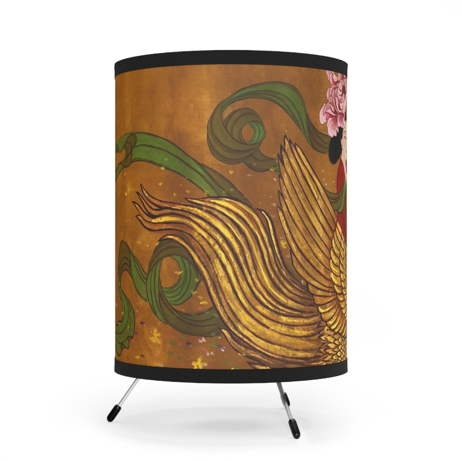 Golden Phoenix and Lady Tripod Lamp | Printed Shade