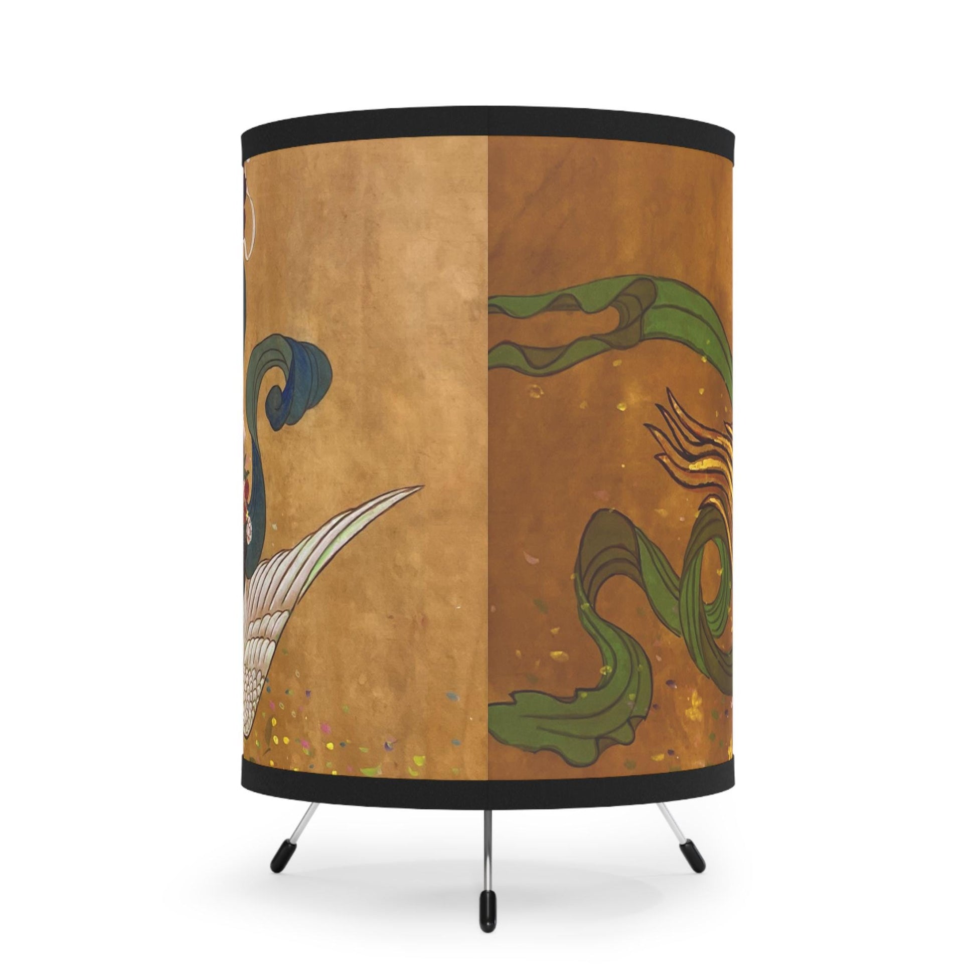 Golden Phoenix and Lady Tripod Lamp | Printed Shade