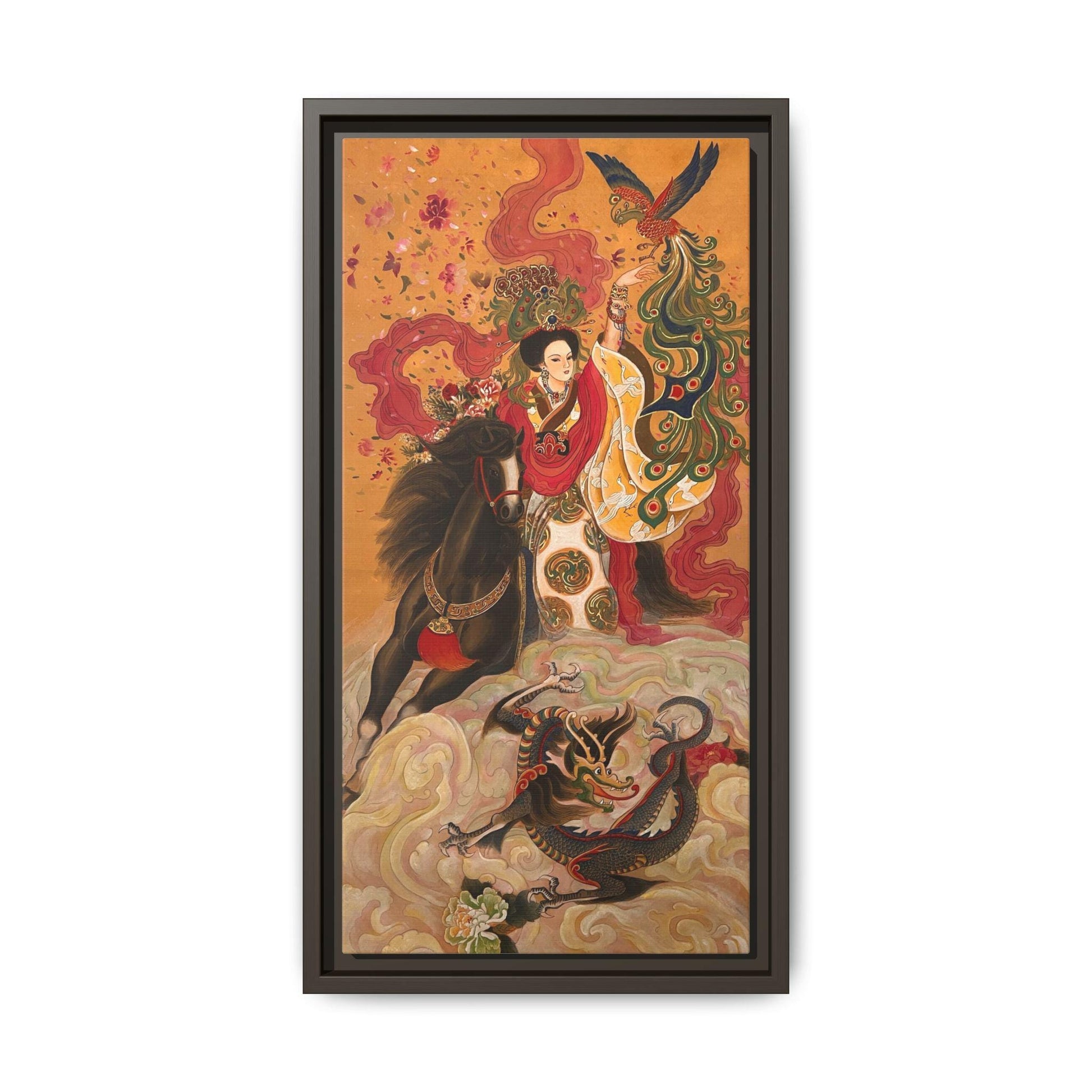 Mythical Warrior Horse Riding Dragon Matte Canvas Framed | Asian Fantasy Wall Art | Chinese Empresses