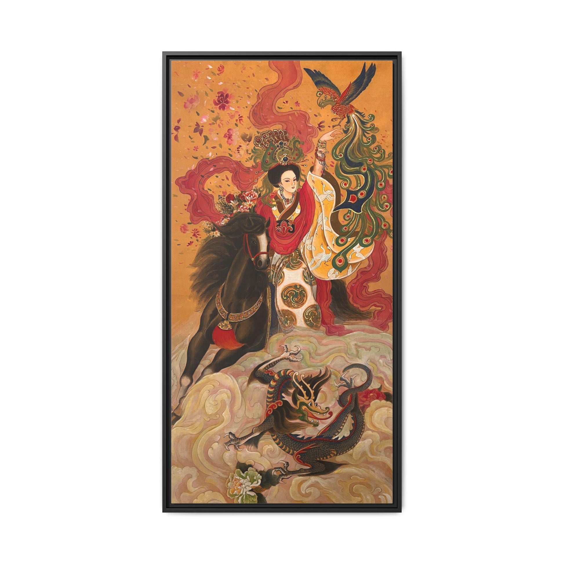 Mythical Warrior Horse Riding Dragon Matte Canvas Framed | Asian Fantasy Wall Art | Chinese Empresses