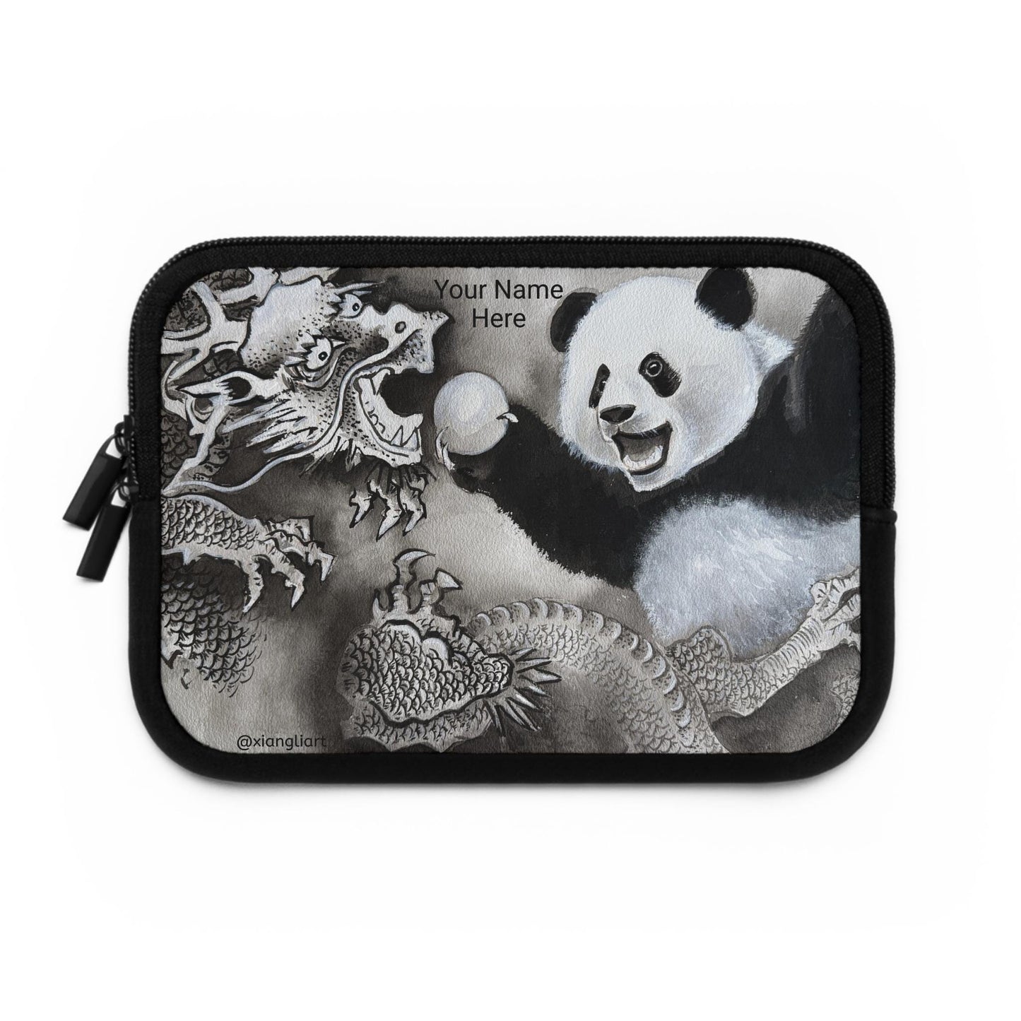 Panda and Dragon Illustration Laptop Sleeve | Black and White Ink Art