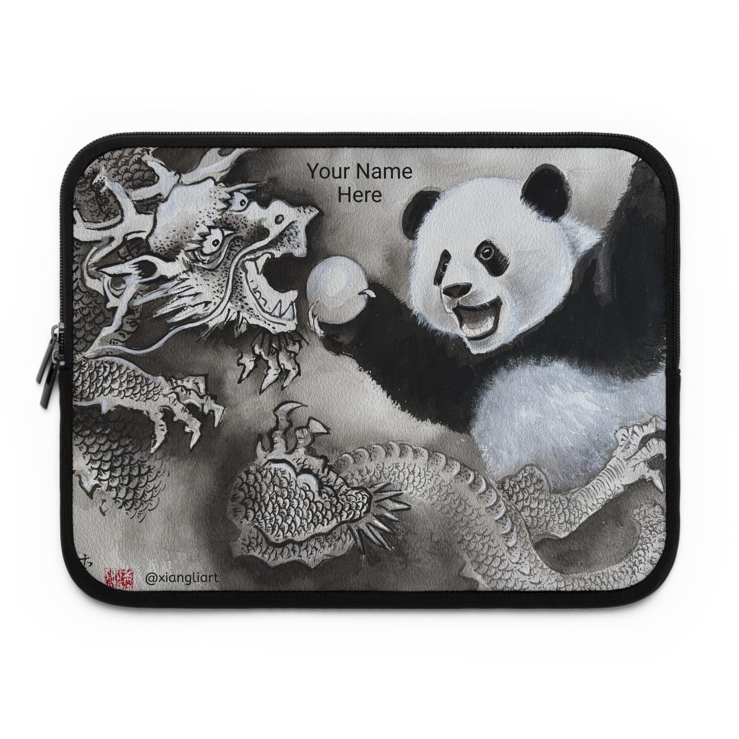Panda and Dragon Illustration Laptop Sleeve | Black and White Ink Art