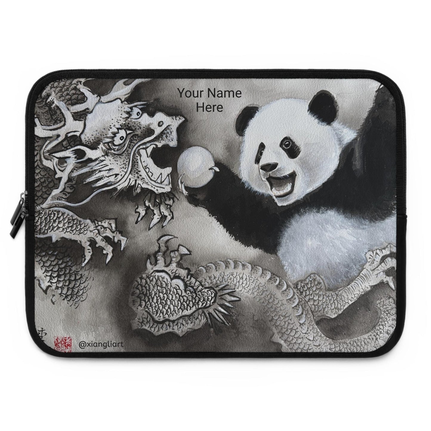 Panda and Dragon Illustration Laptop Sleeve | Black and White Ink Art