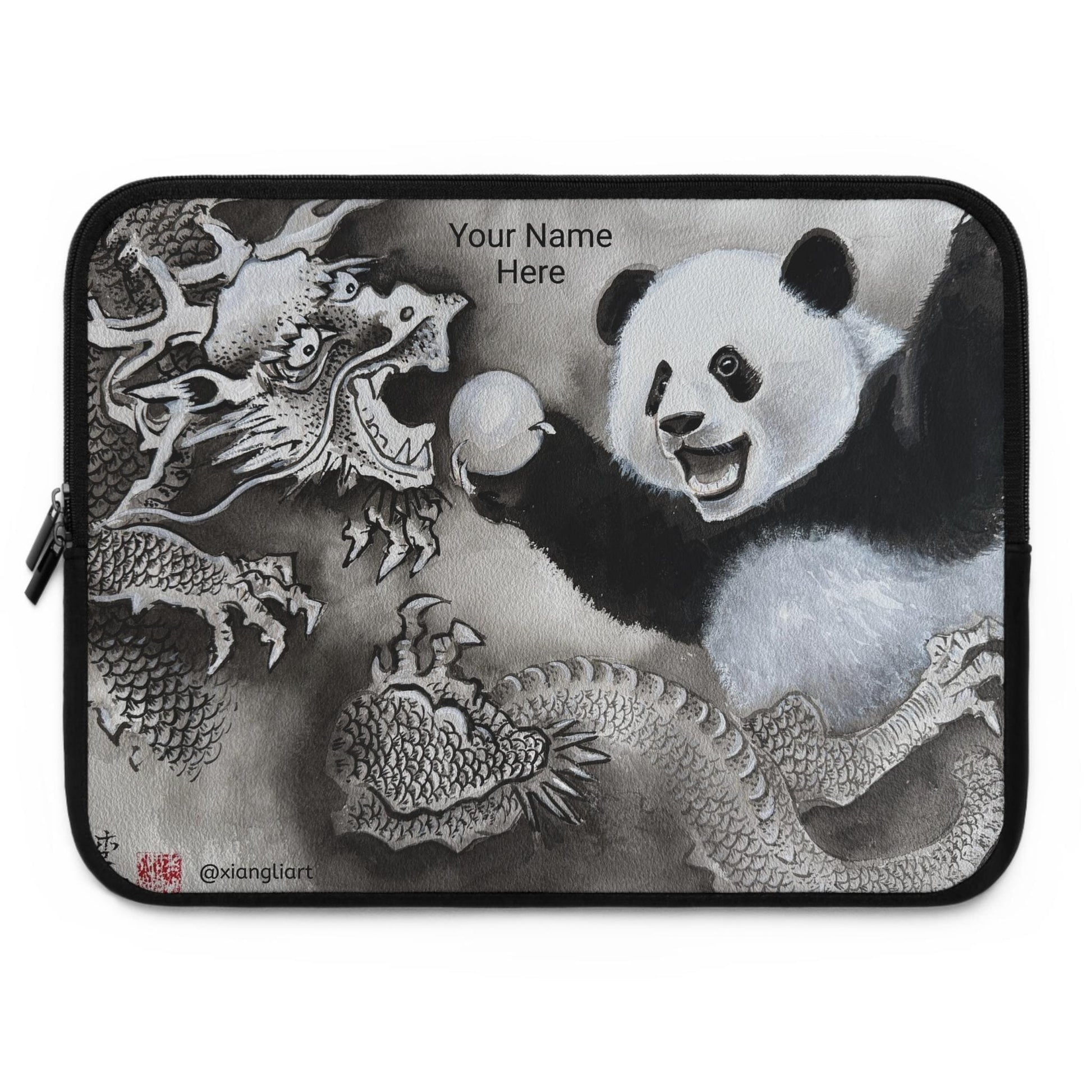 Panda and Dragon Illustration Laptop Sleeve | Black and White Ink Art