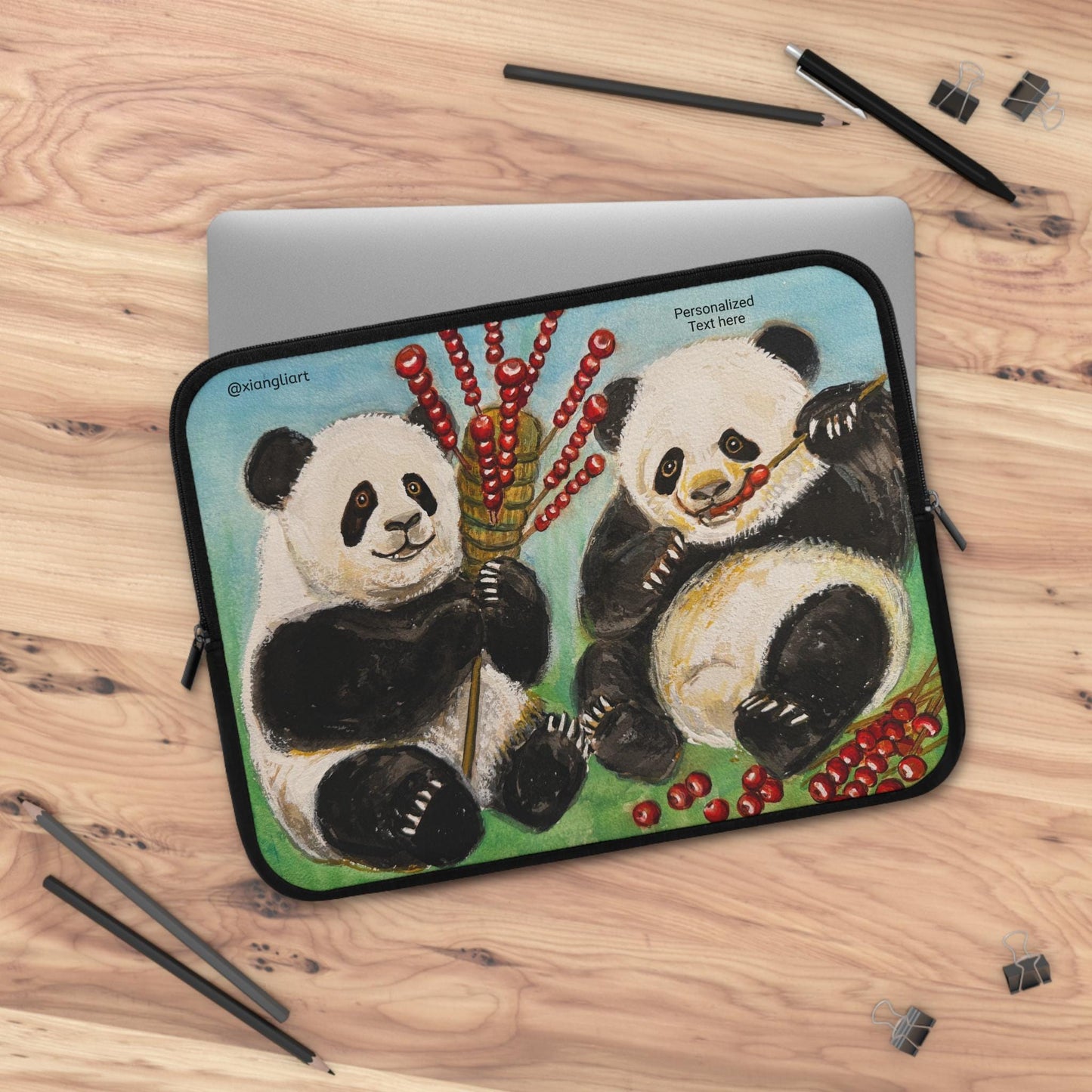 Playful Panda Chinese Hawthorn Candy Laptop Sleeve | Cute Bamboo Illustration