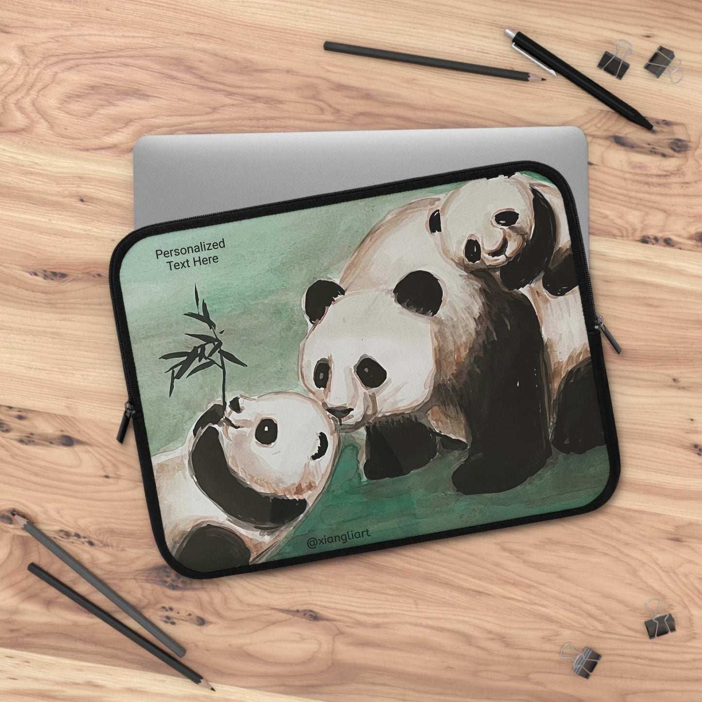 Playful Panda Family Laptop Sleeve | Cute Bamboo Illustration