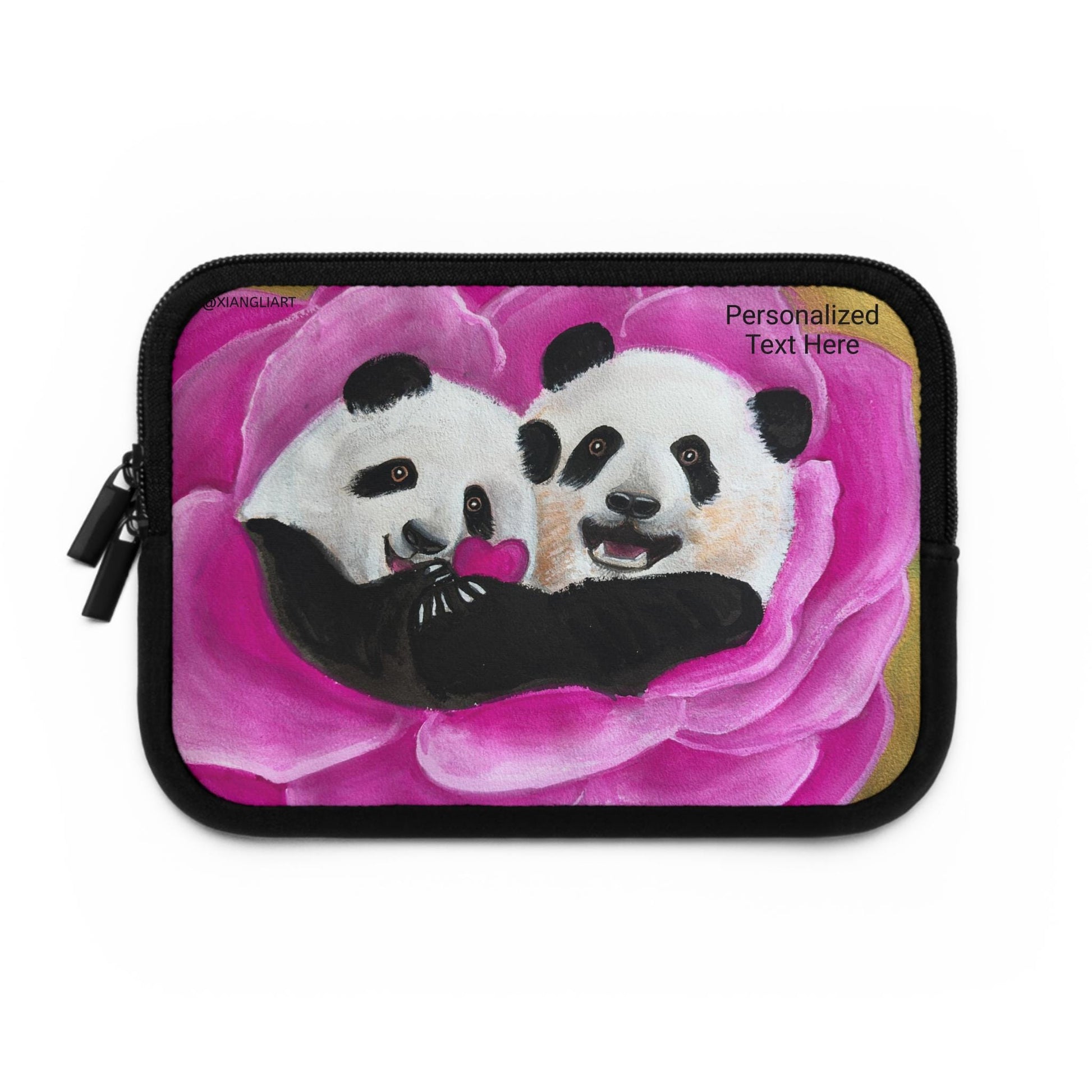 Panda Couple Heart, Panda in Love, Happy Relationship, Anniversary, Celebration, Laptop Sleeve | Pink Rose Illustration, Personalized Text