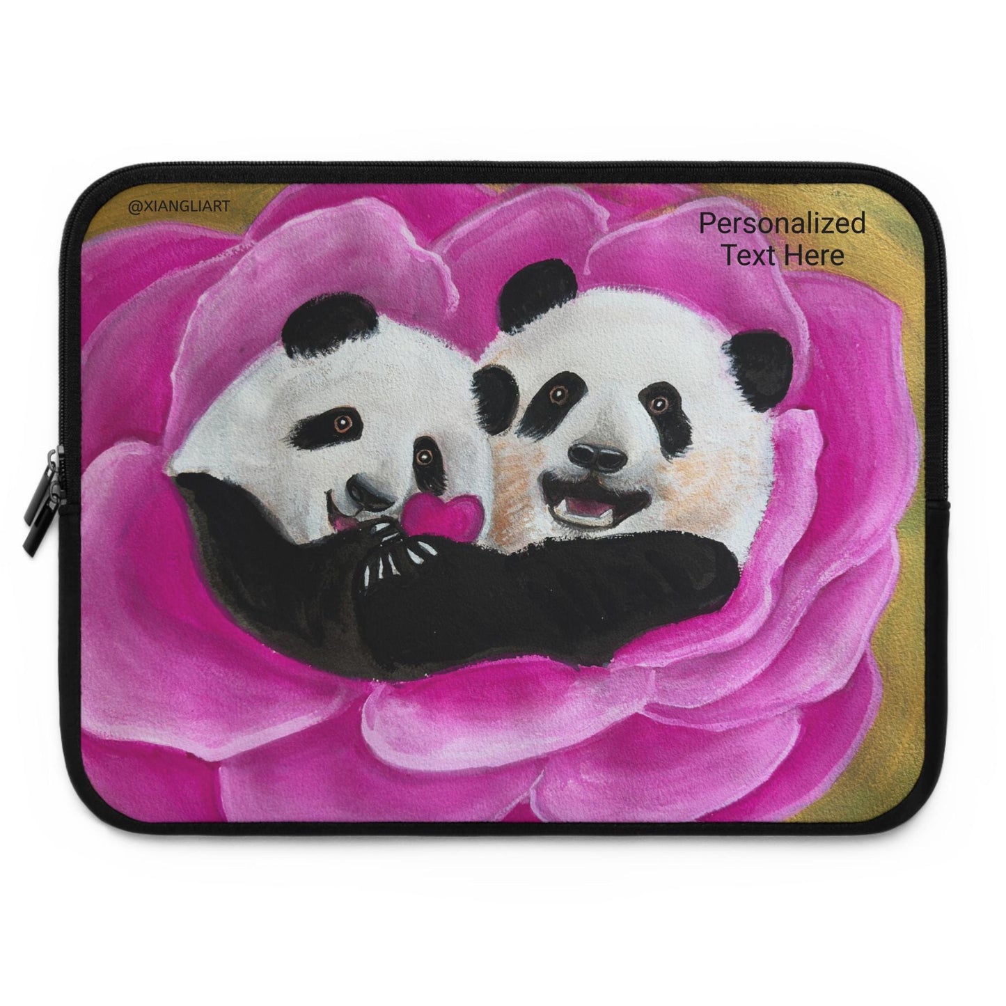 Panda Couple Heart, Panda in Love, Happy Relationship, Anniversary, Celebration, Laptop Sleeve | Pink Rose Illustration, Personalized Text