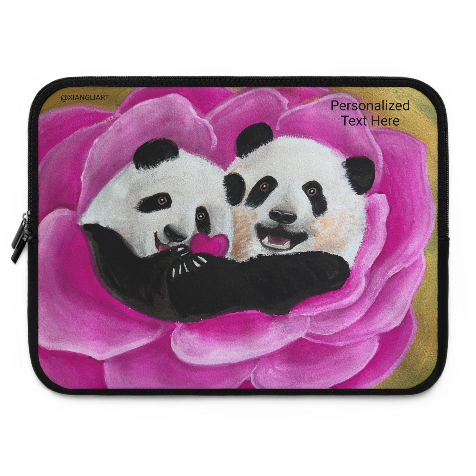 Panda Couple Heart, Panda in Love, Happy Relationship, Anniversary, Celebration, Laptop Sleeve | Pink Rose Illustration, Personalized Text