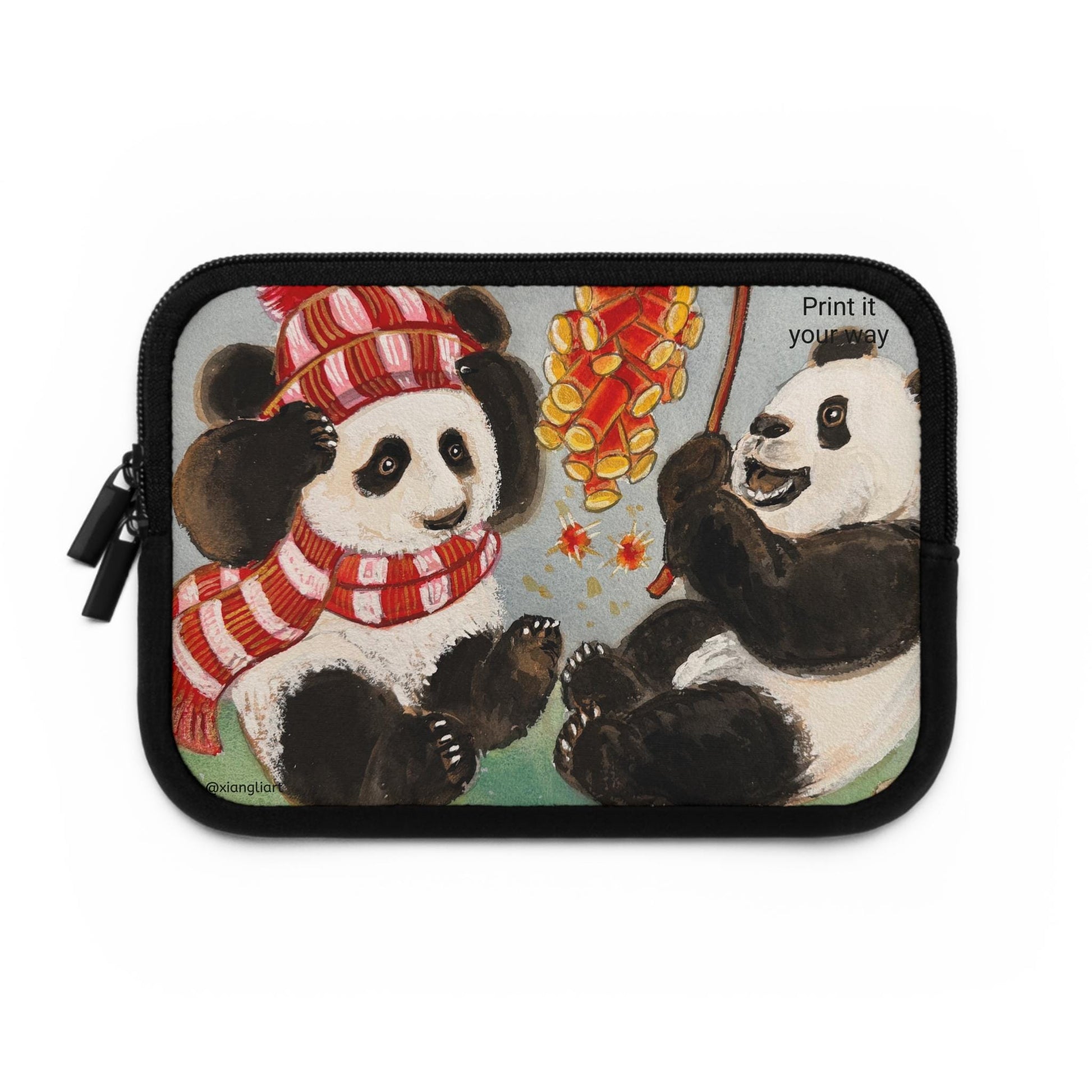 Playful Pandas with Fireworks Laptop Sleeve Chinese New Year | Cute Winter Animal Illustration