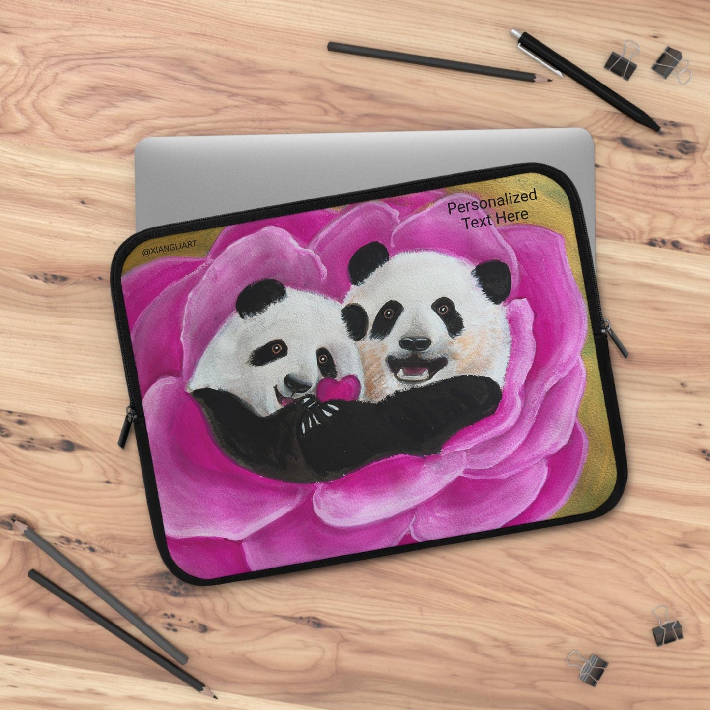 Panda Couple Heart, Panda in Love, Happy Relationship, Anniversary, Celebration, Laptop Sleeve | Pink Rose Illustration, Personalized Text