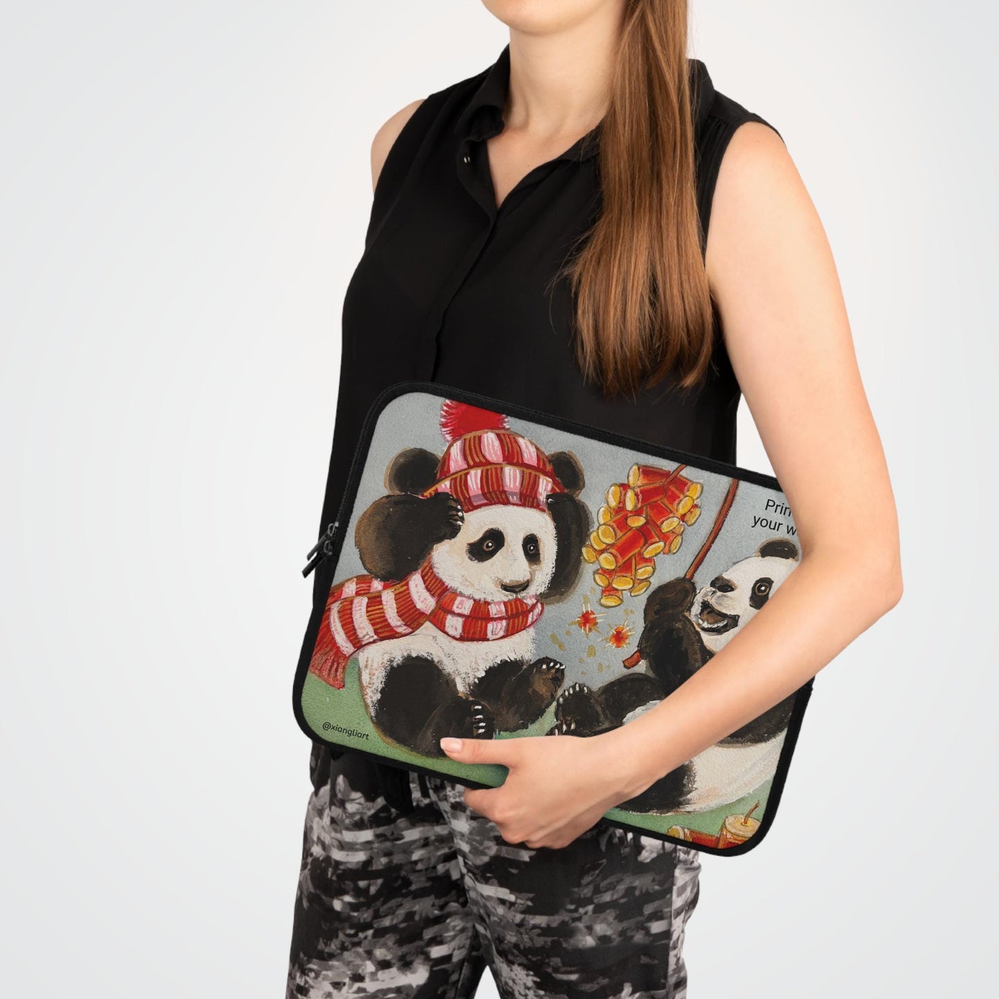 Playful Pandas with Fireworks Laptop Sleeve Chinese New Year | Cute Winter Animal Illustration