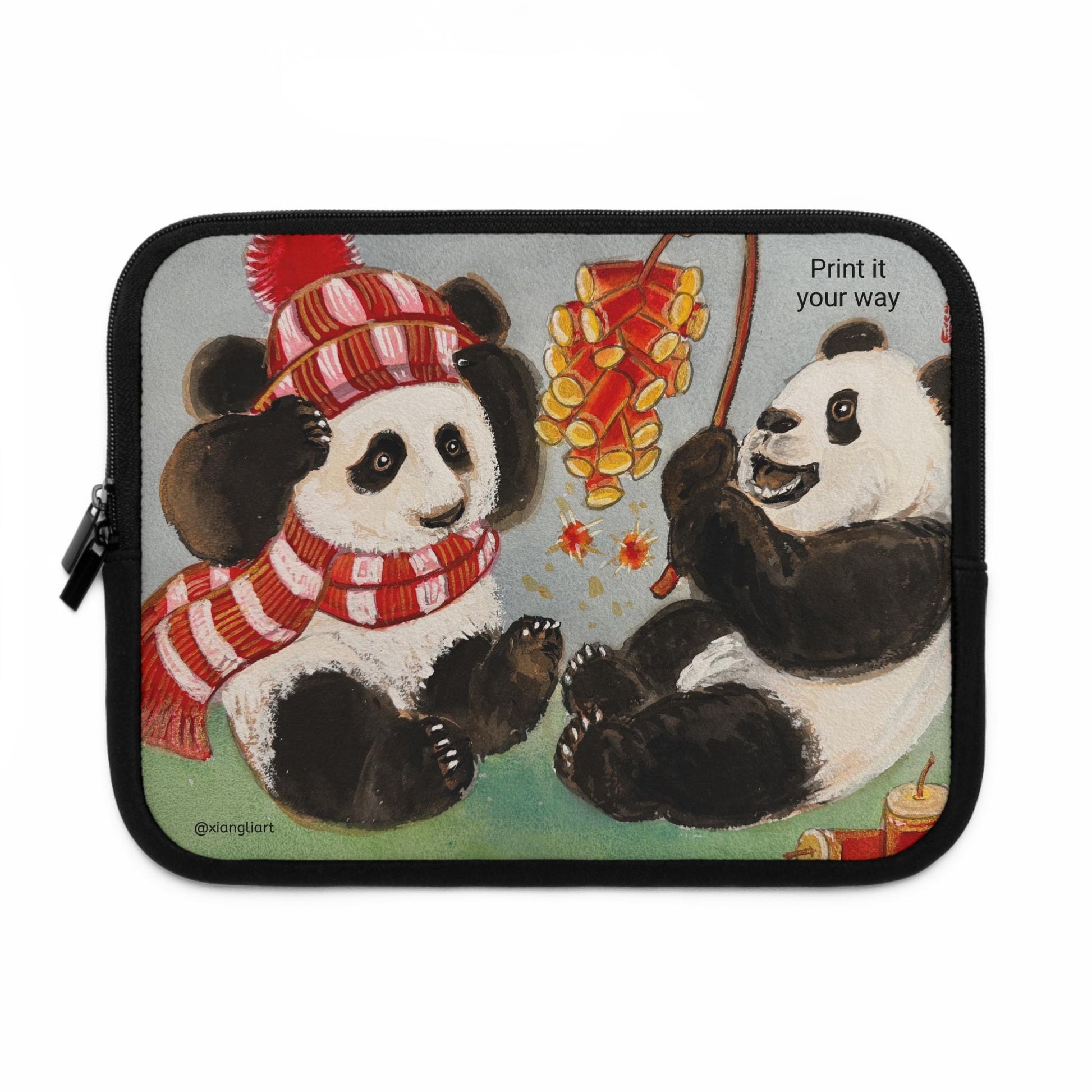 Playful Pandas with Fireworks Laptop Sleeve Chinese New Year | Cute Winter Animal Illustration