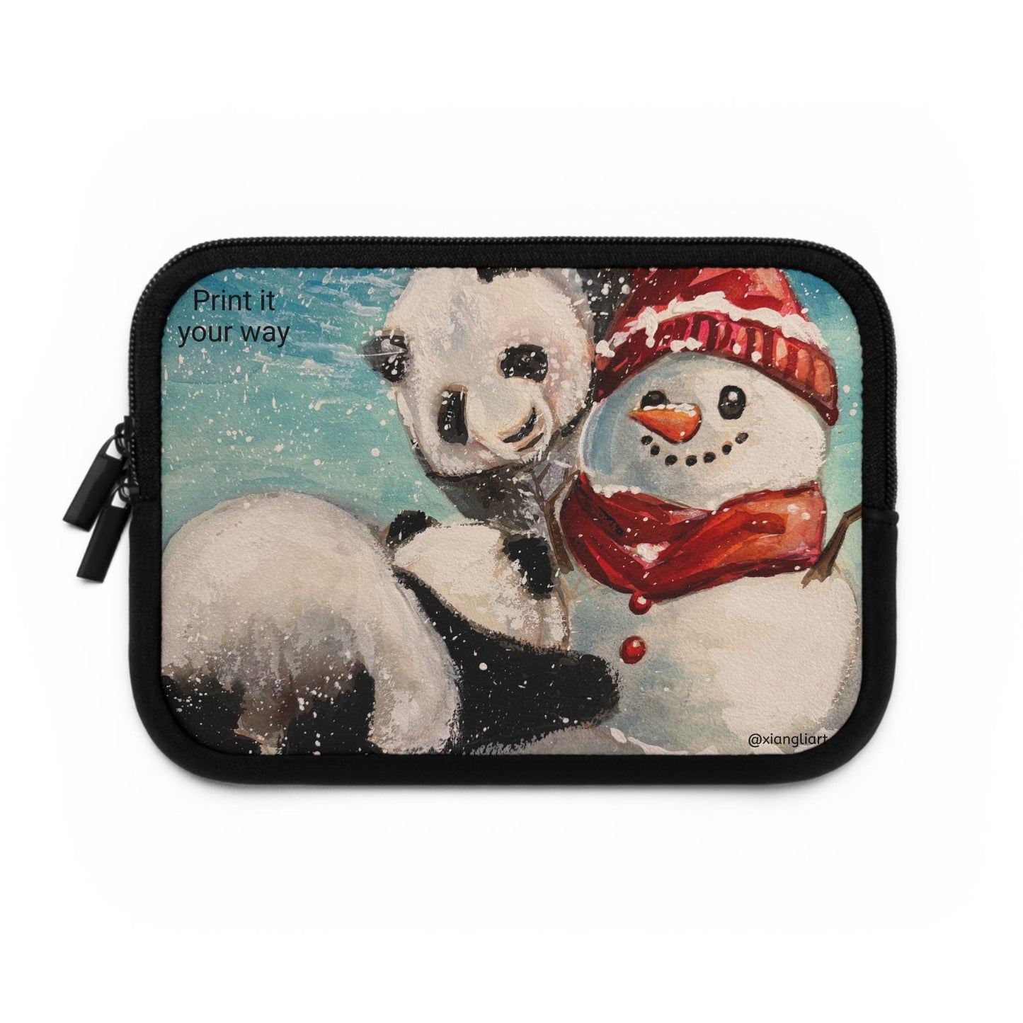 Panda and Snowman Winter Illustration Laptop Sleeve | Cute Holiday Snow Scene