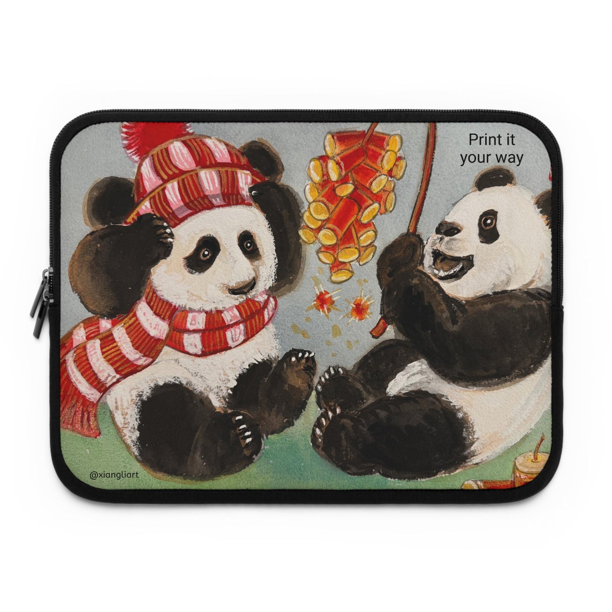 Playful Pandas with Fireworks Laptop Sleeve Chinese New Year | Cute Winter Animal Illustration