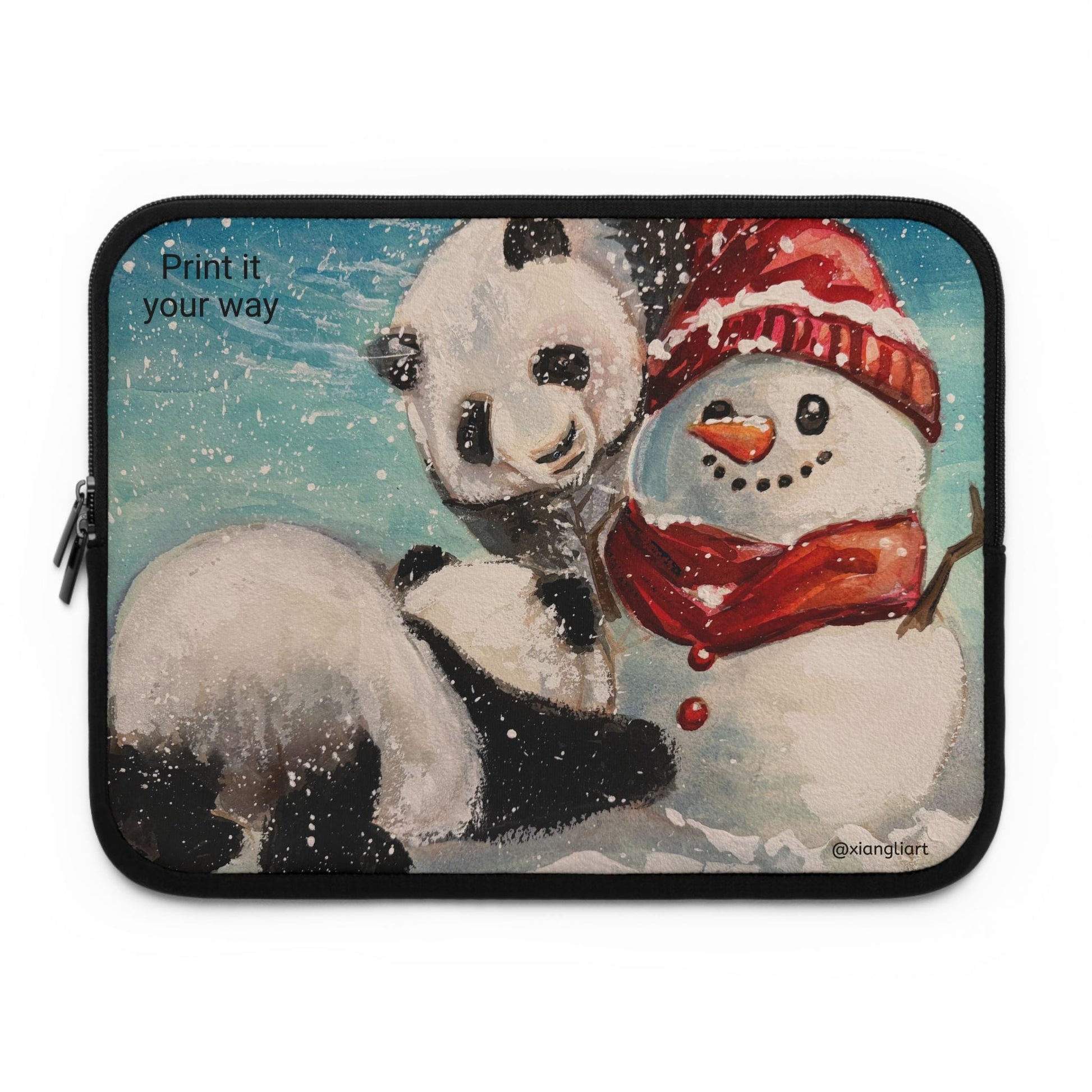 Panda and Snowman Winter Illustration Laptop Sleeve | Cute Holiday Snow Scene