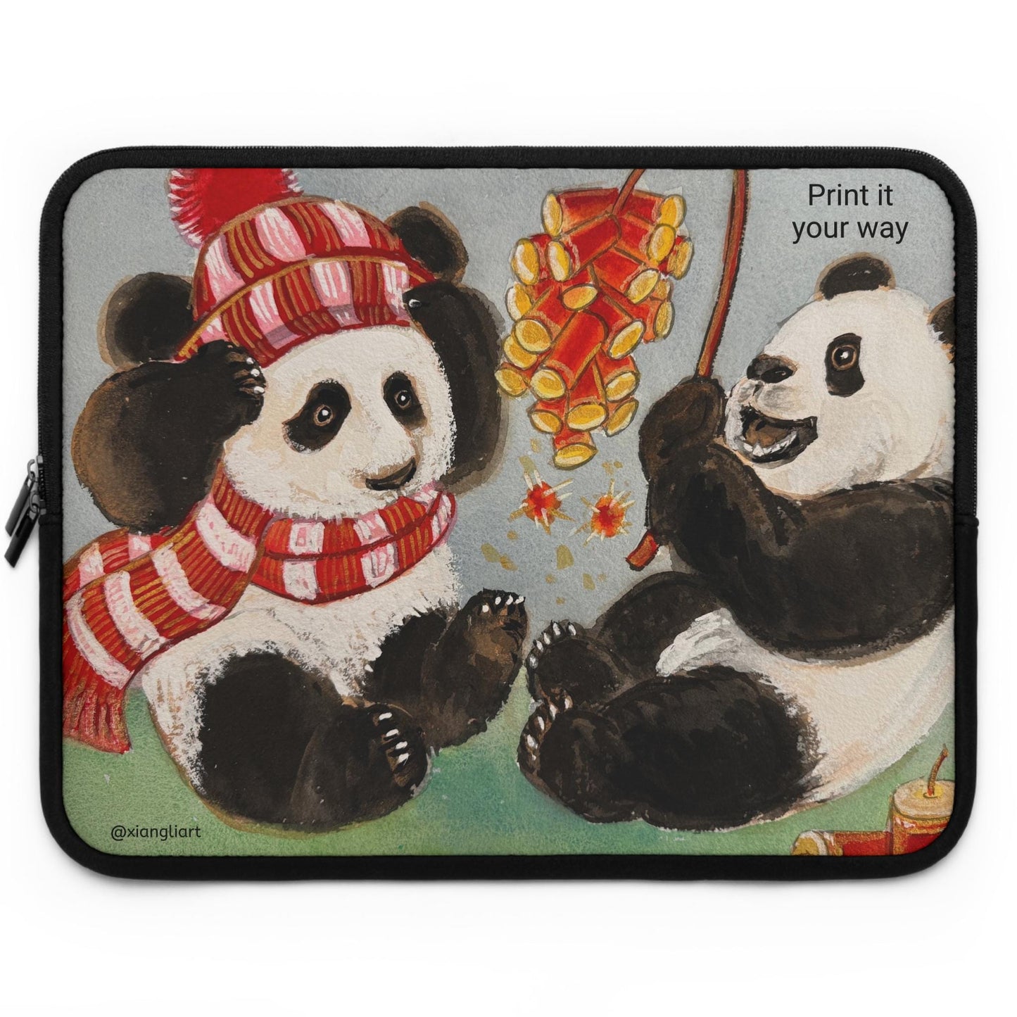 Playful Pandas with Fireworks Laptop Sleeve Chinese New Year | Cute Winter Animal Illustration