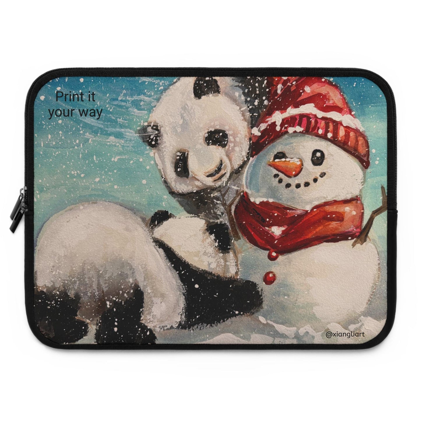 Panda and Snowman Winter Illustration Laptop Sleeve | Cute Holiday Snow Scene